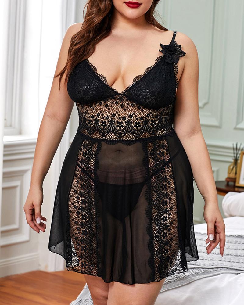 

Plus Size Sheer Mesh Crochet Lace Babydoll With Panty, Black
