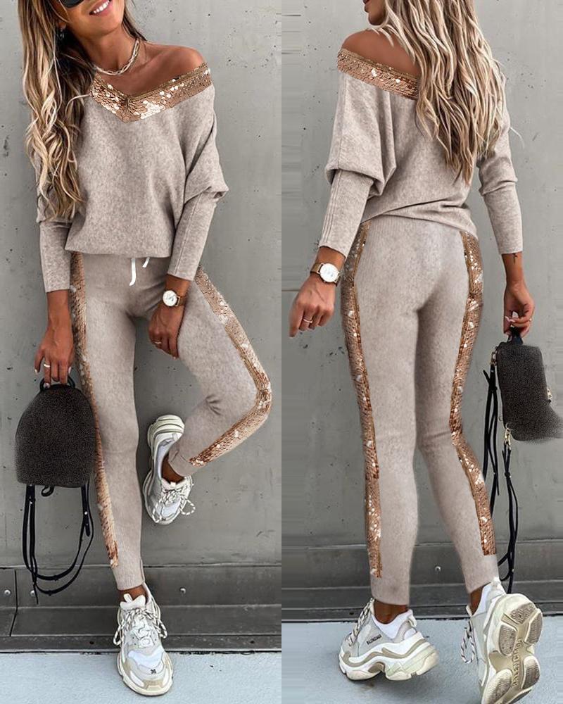 Sequins Long Sleeve Top & High Waist Pants Set