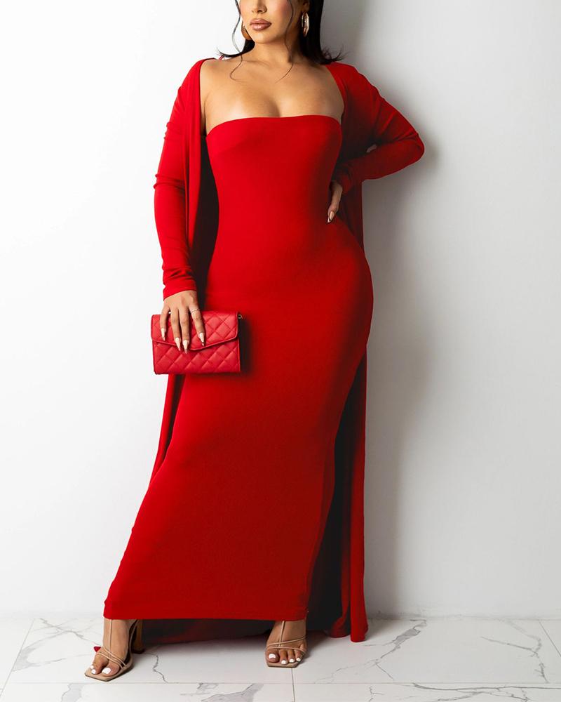 

Bandeau Sleeveless Maxi Dress With Longline Coat, Red