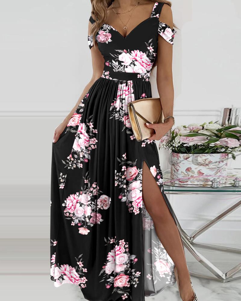 

Floral Print Cold Shoulder High Slit Maxi Dress, Black