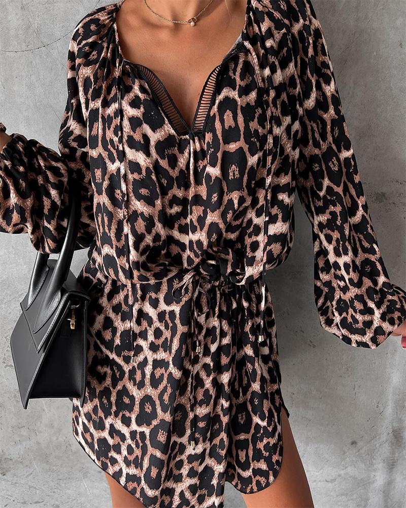 

Leopard Print Lace Trim Long Sleeve Casual Dress