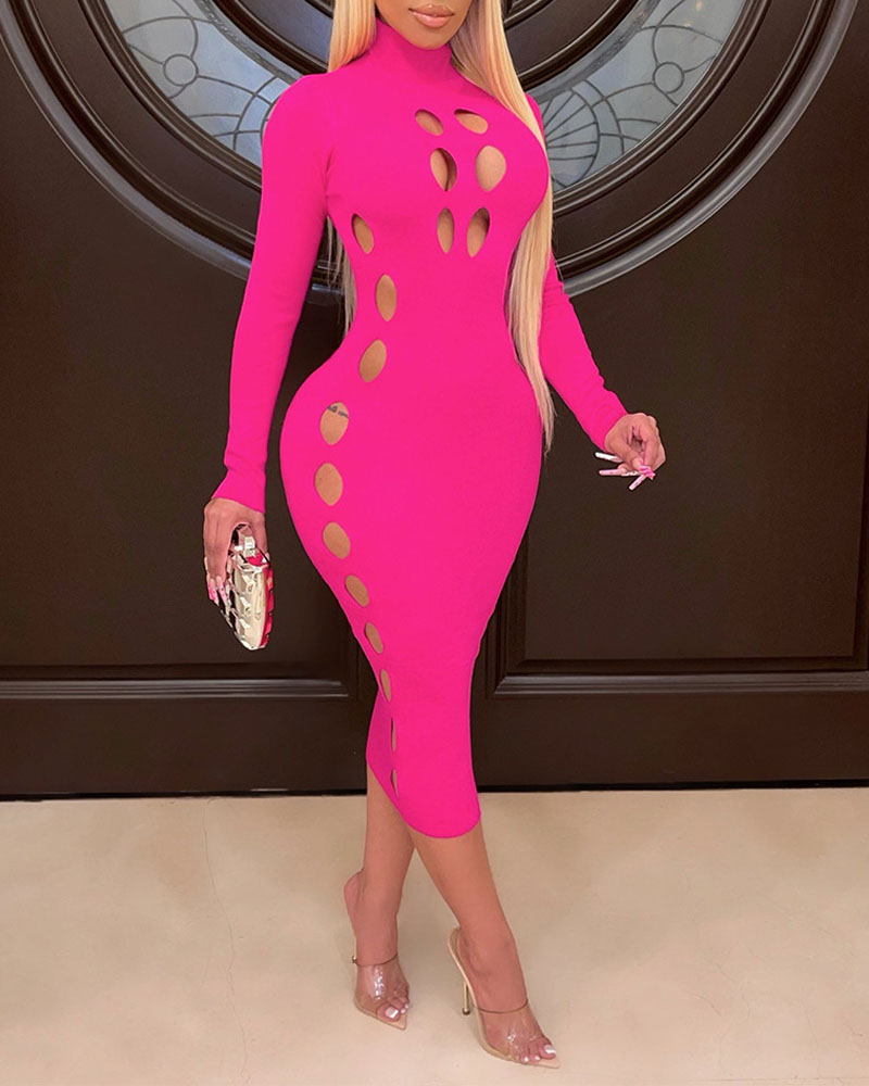 

Hollow-out Long Sleeve Skinny Dress, Hot pink