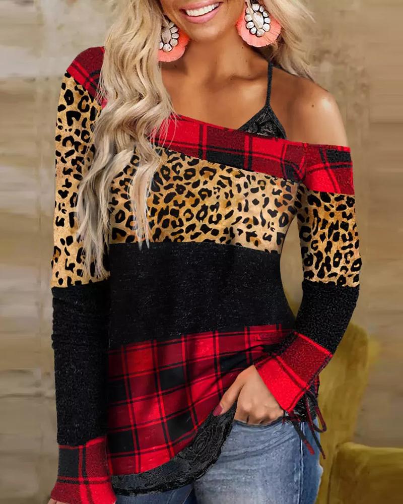 

Cold Shoulder Cheetah Plaid Print Long Sleeve Top, Red