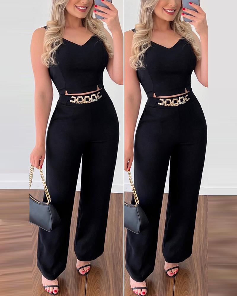 

Plain Crop Top & Chain Decor High Waist Pants Set, Black