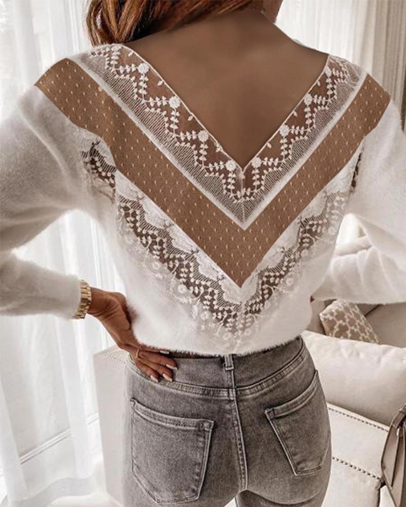 

Crochet Lace Dot Mesh Long Sleeve Sweater, White