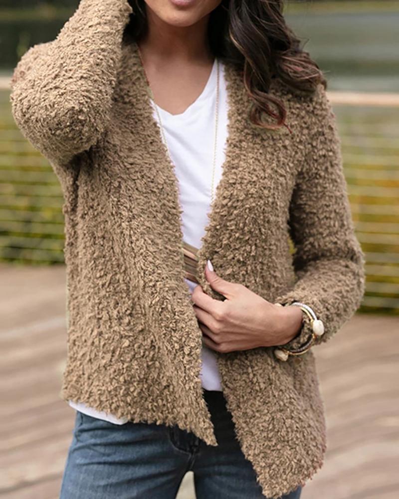 

Solid Long Sleeve Fluffy Teddy Coat, Brown