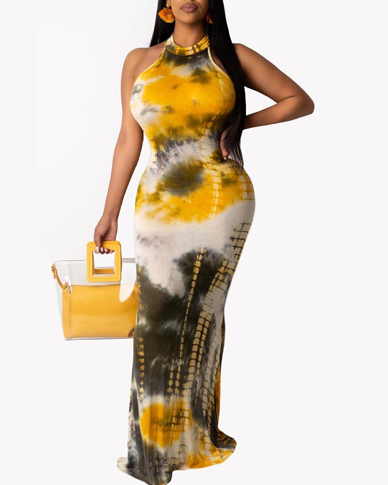 

Tie Dye Print Cutout Back Sleeveless Maxi Dress, Yellow