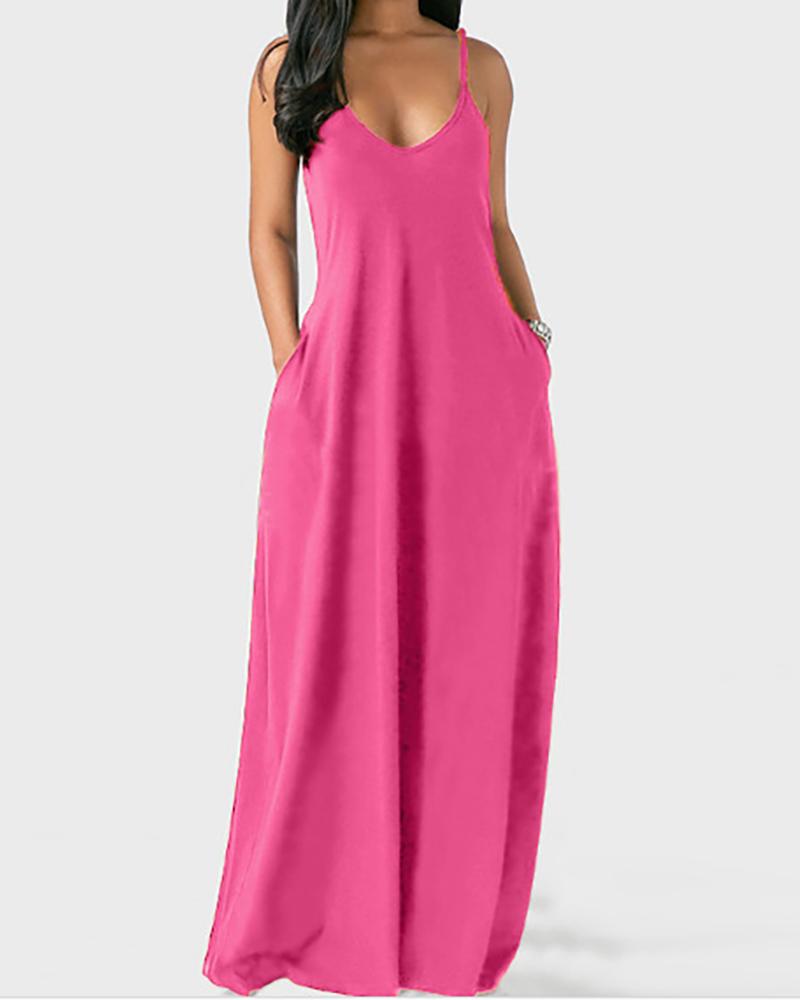 

Plus Size Pocket Design V-Neck Spaghetti Strap Maxi Dress, Hot pink