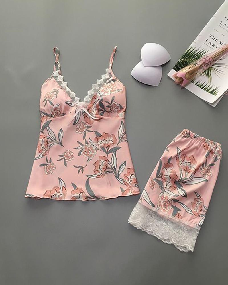 

Floral Print Spaghetti Strap Lace Trim Cami Set, Pink