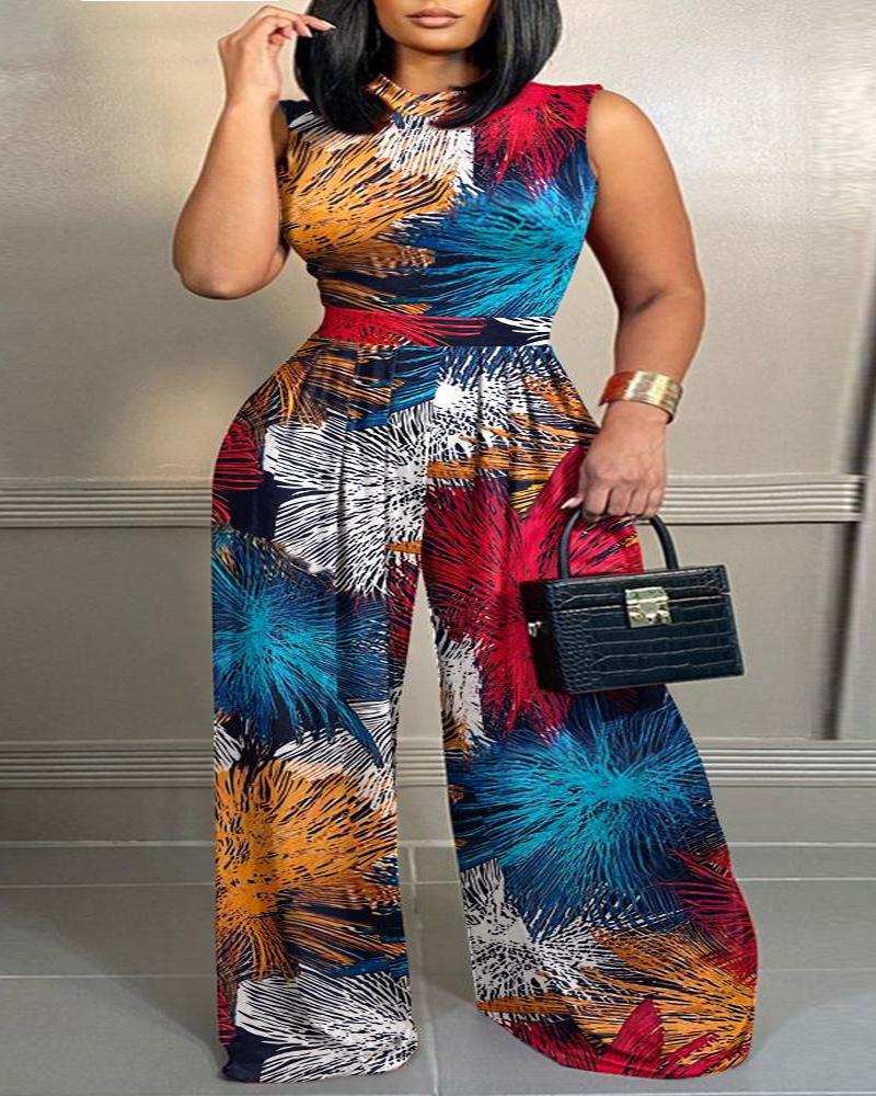 

Plus Size Graphic Print Wide Leg Jumpsuit, Multicolor