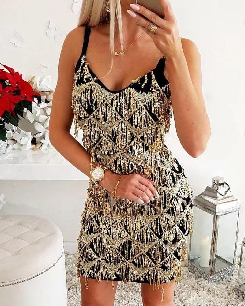 

1920s Flapper Girl Sequin Tassel Design Cami Party Dress, Gold