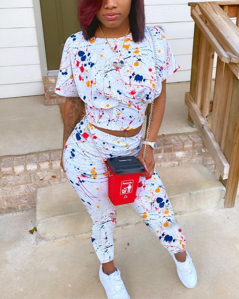 

Multicolor Ink Splash Print Short Sleeve T-shirts With Pants Suit Sets