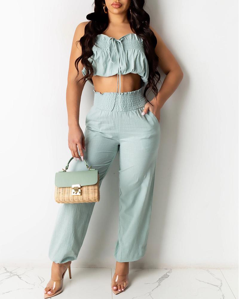 

Frill Hem Shirred Top & High Waist Pocket Design Pants Set, Blue