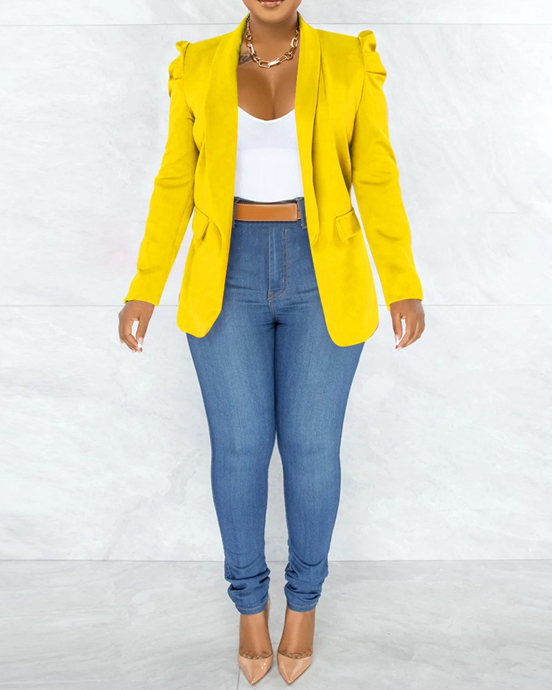 

Shawl Collar Puff Sleeve Pocket Design Blazer Coat, Yellow