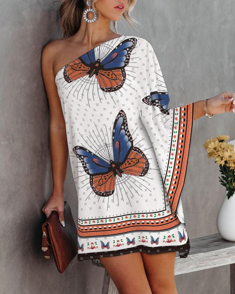 

Butterfly Print One Shoulder Casual Dress, Multicolor