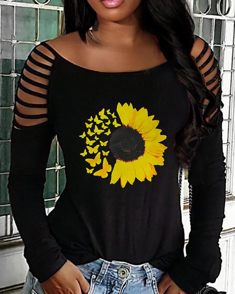 

Sunflower Butterfly Print Cold Shoulder Top, Black