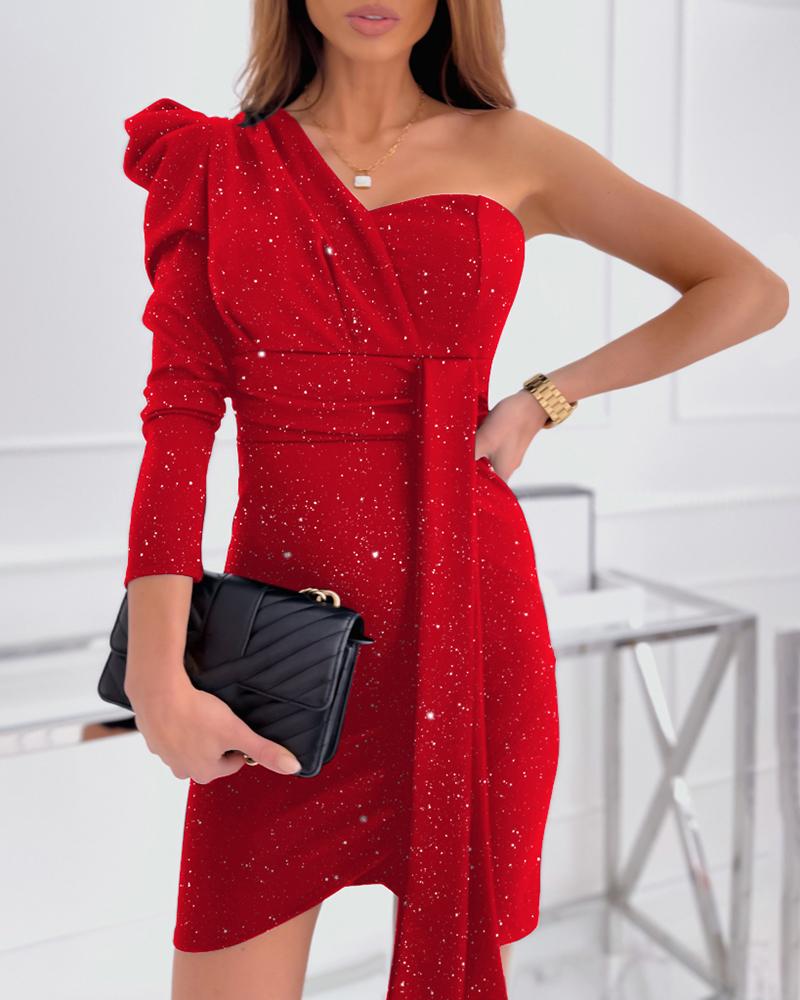 

Puff Sleeve One Shoulder Asymmetrical Party Dress, Red