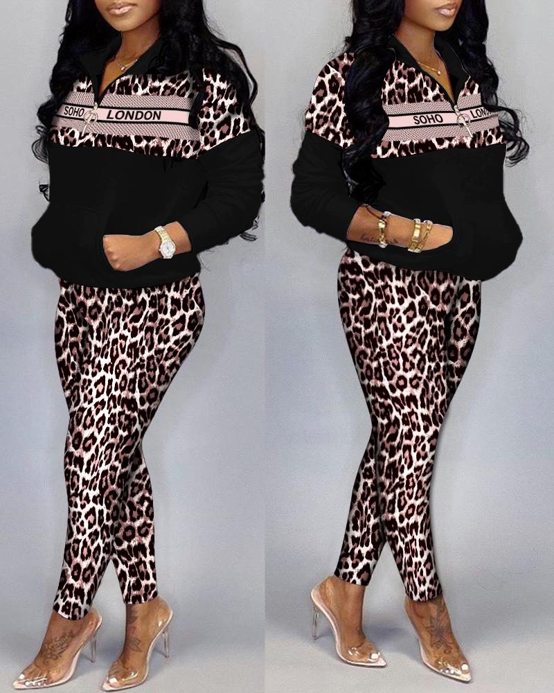 

Letter Leopard Print Zipper Front Top & Pants Set