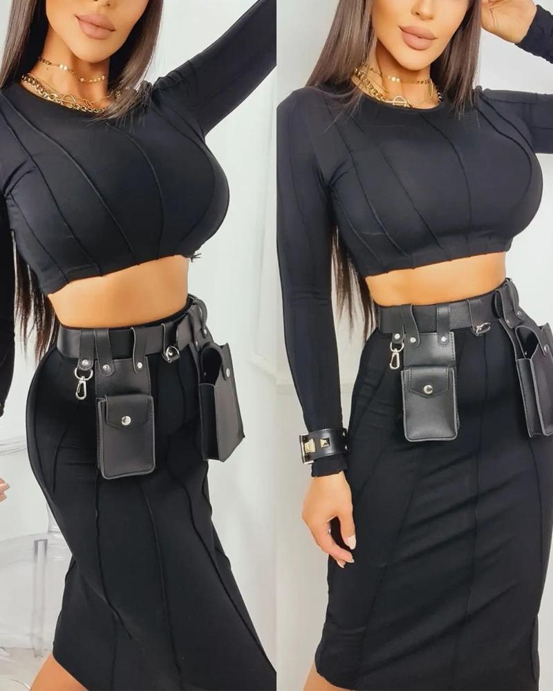 

Long Sleeve Crop Top & Midi Skirt Set, Black