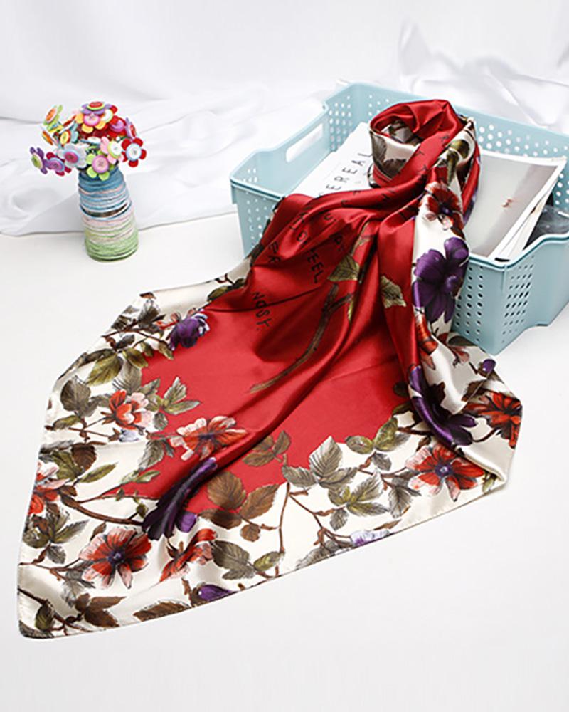 

Floral Letter Print Square Silk Scarf, Red