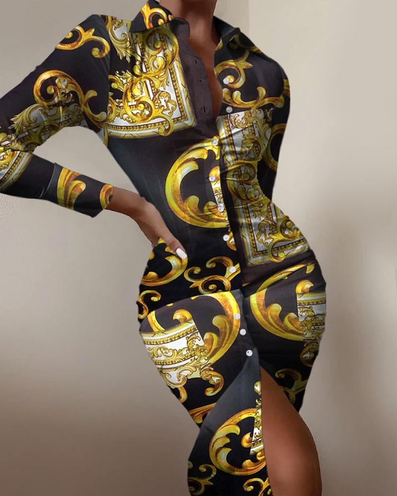 

Scarf Print Buttoned Long Sleeve Shirt Dress, Black