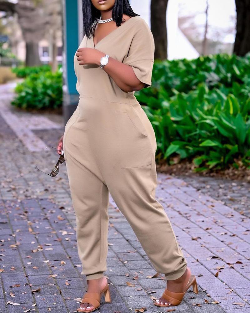 

Pocket Design Plain Short Sleeve Jumpsuit, Apricot