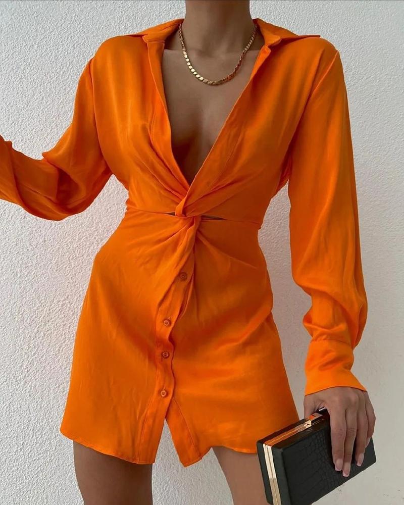 

Twisted Long Sleeve Button Front Shirt Dress, Orange