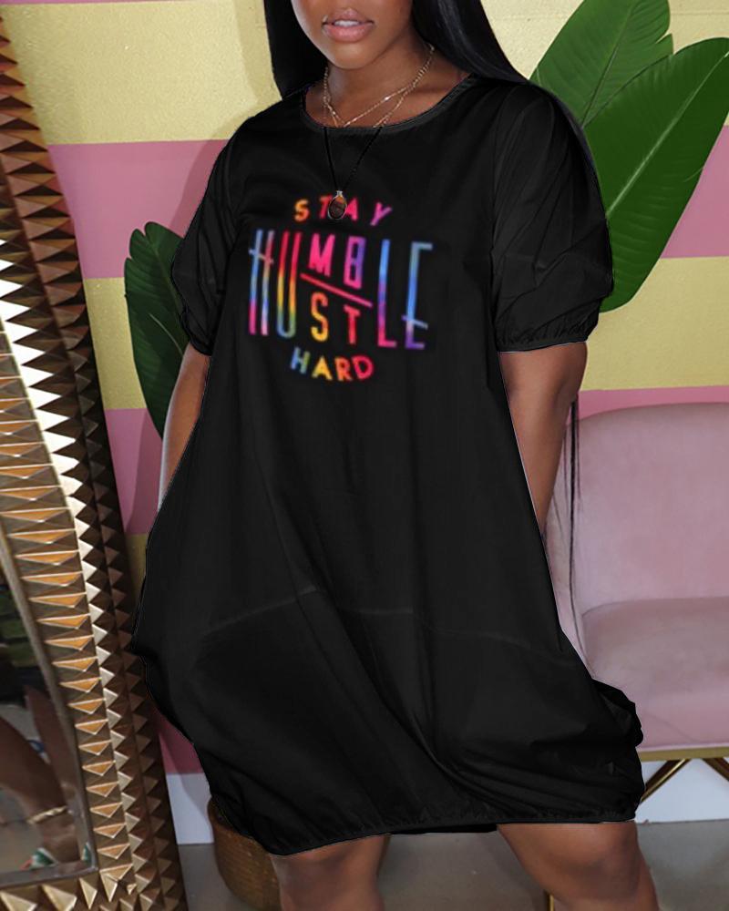

Letter Print Short Sleeve Casual T-shirt Dress, Black