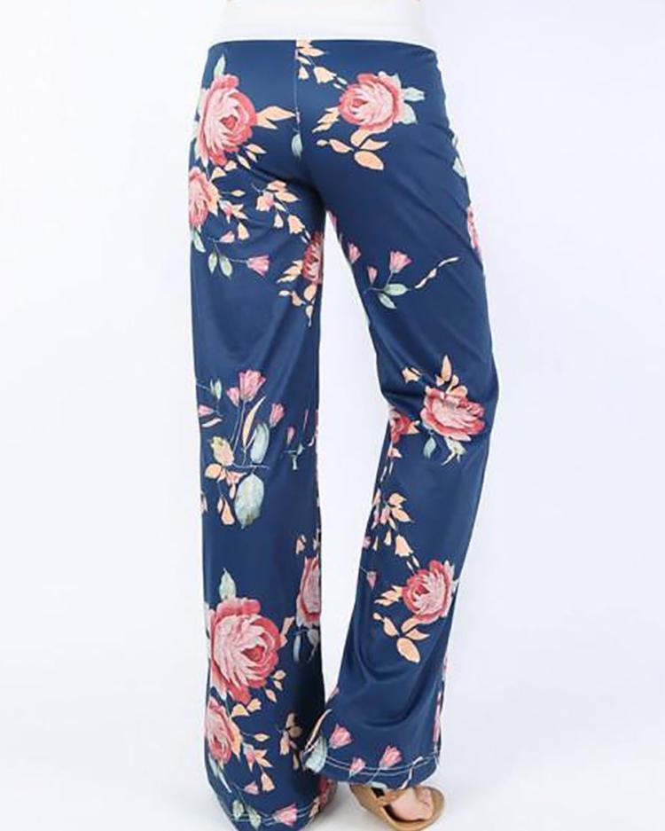 

Fashion Floral Print Shirring Waist Flared Pants, Blue
