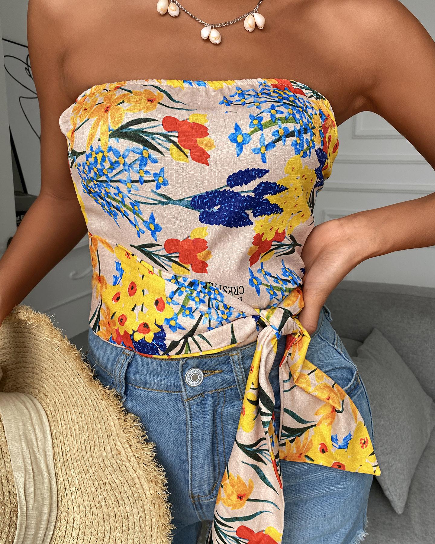 

Floral Print Shirring Detail Knotted Bandeau Top, Apricot
