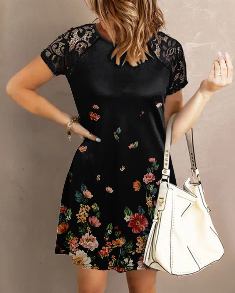 

Floral Print Contrast Lace Casual Dress, Black