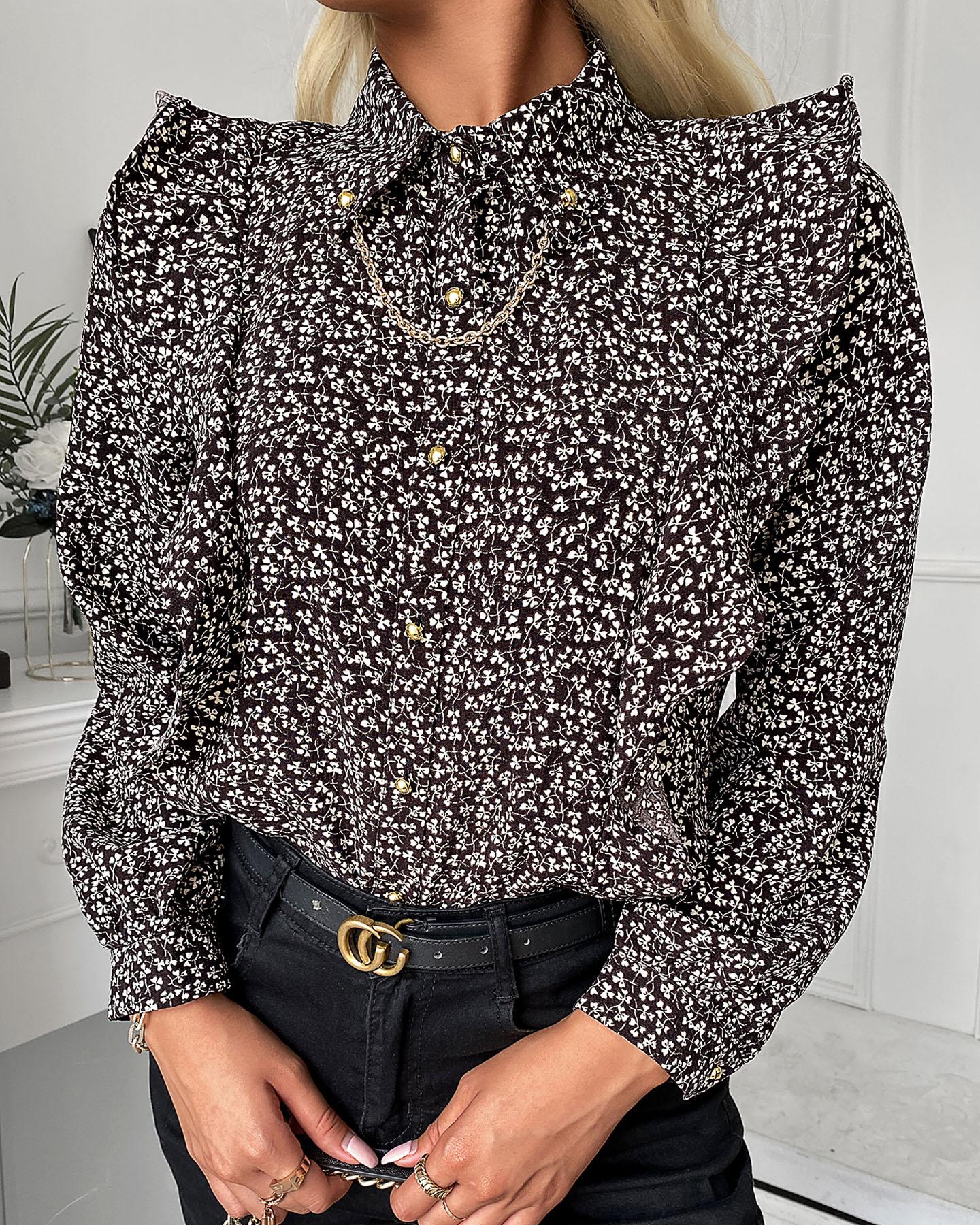 

Ditsy Floral Print Long Sleeve Shirt, Brown