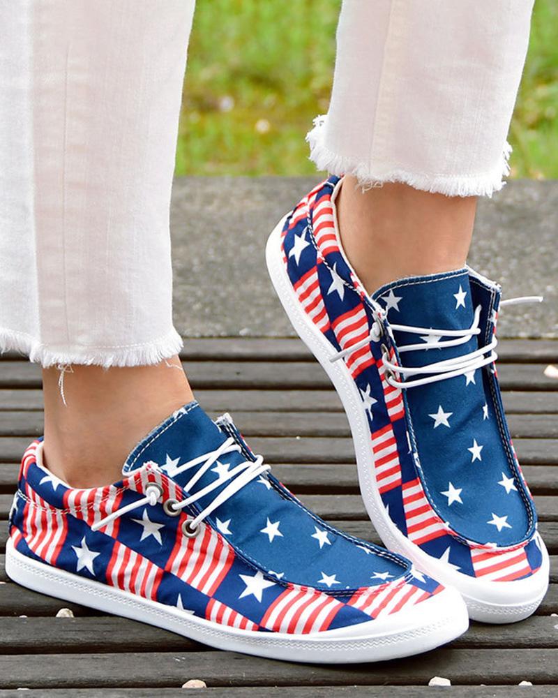 

Independence Day Flag Print Lace-Up Canvas Slip-On, Multicolor