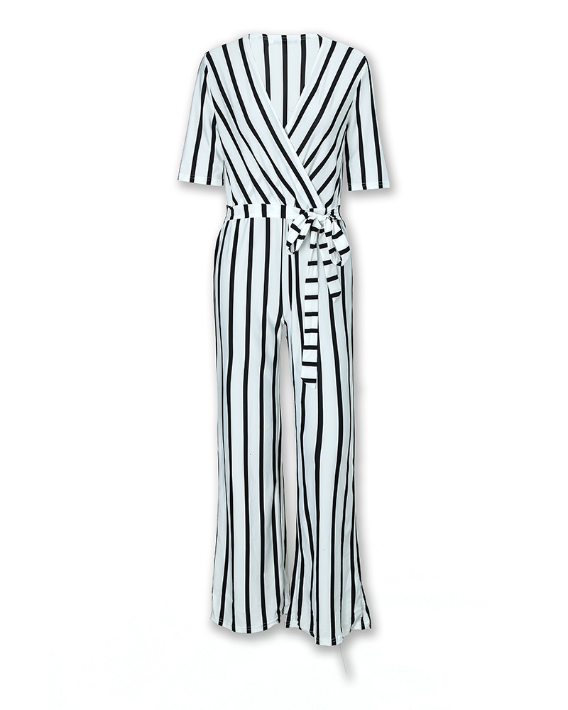 

Deep V Striped Waist Belted Wide Leg Jumpsuit, Black&white