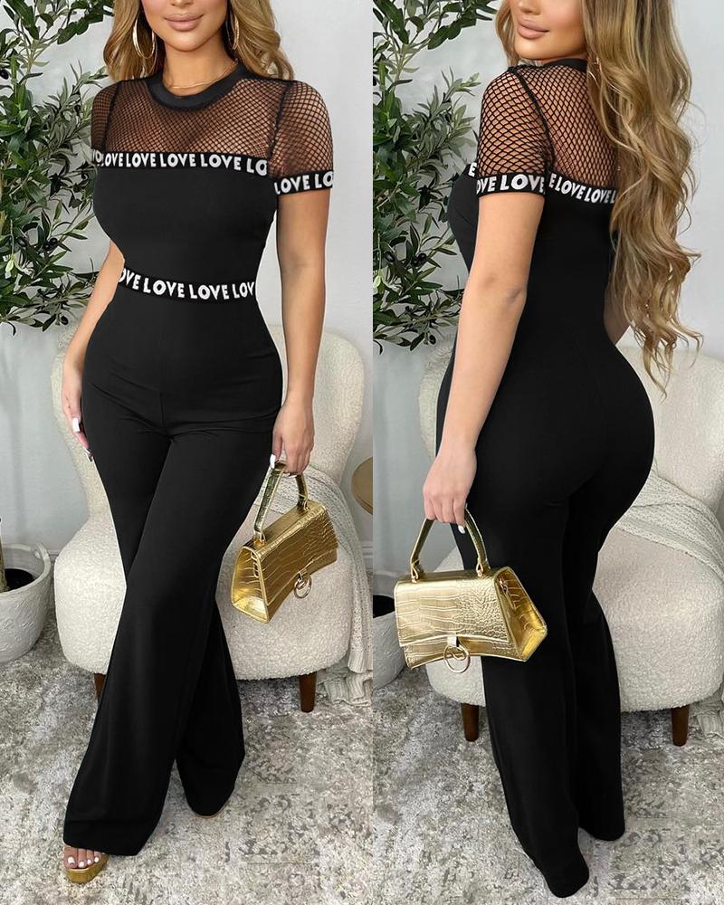

Letter Band Patch Fishnet Design Jumpsuit, Black