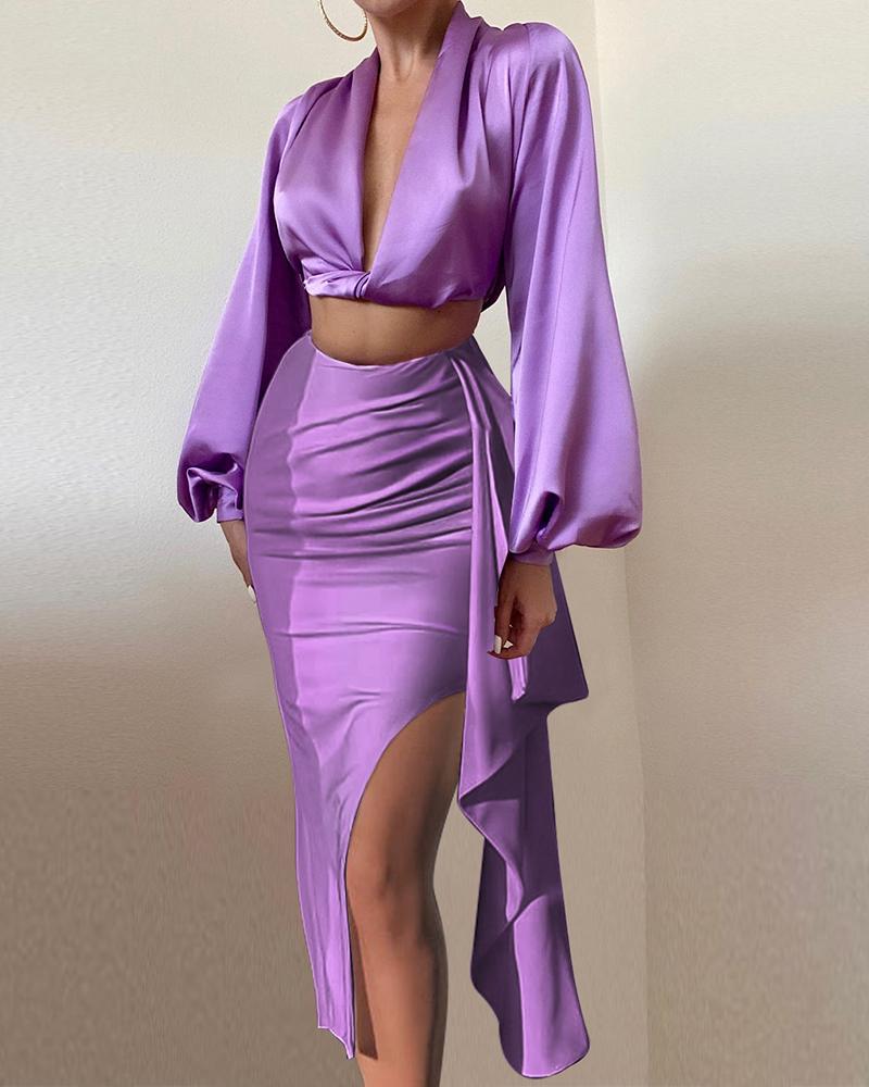 

Satin Crop Top & Slit Ruffle Twist Skirt Set, Purple
