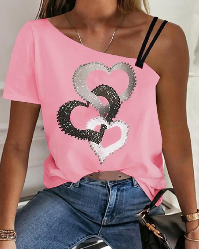 

Heart Print Asymmetrical Neck T-shirt, Pink