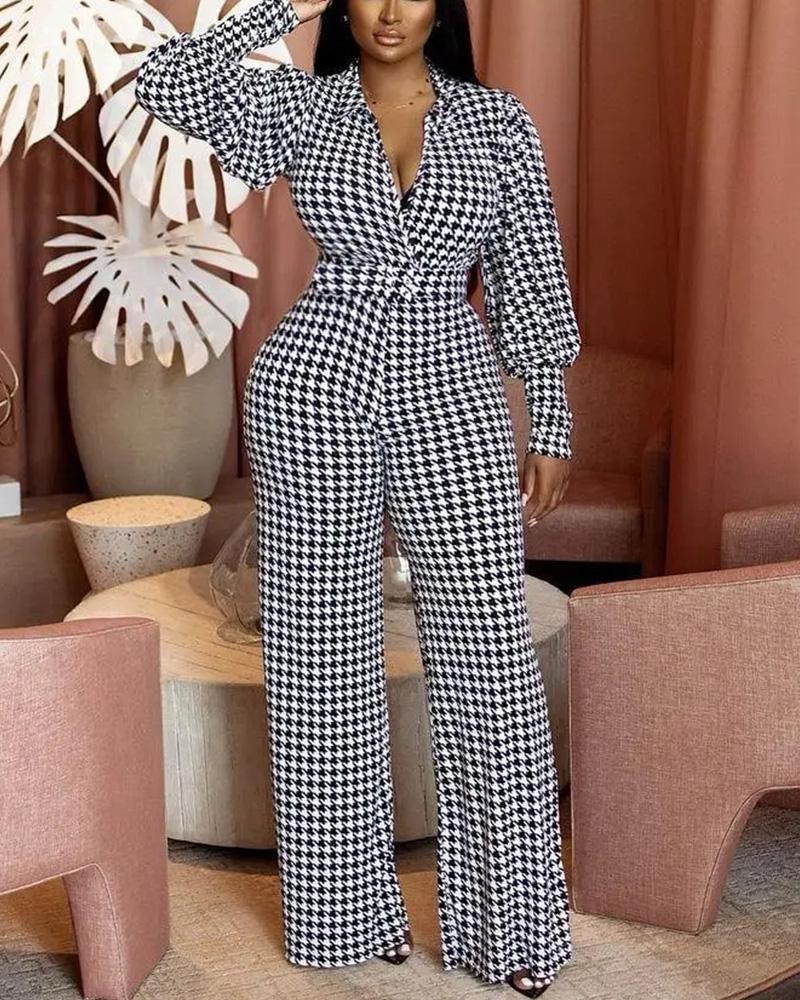 

Houndstooth Print Lantern Sleeve Straight Leg Jumpsuit, Black&white