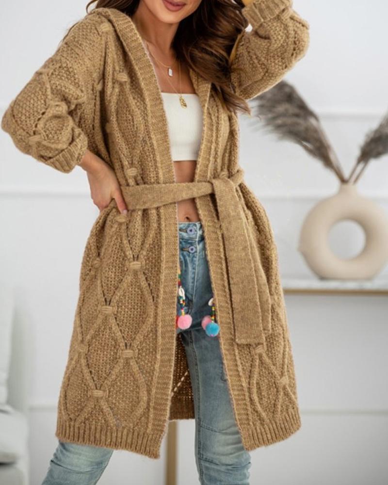 

Braided Long Sleeve Casual Hooded Cardigan With Belt, Khaki