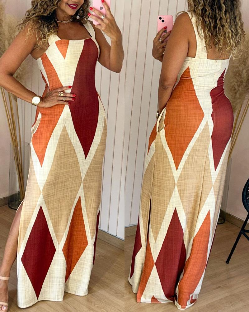 

Geometric Print Casual Slim Fit Slit Maxi Strappy Dress, Multicolor