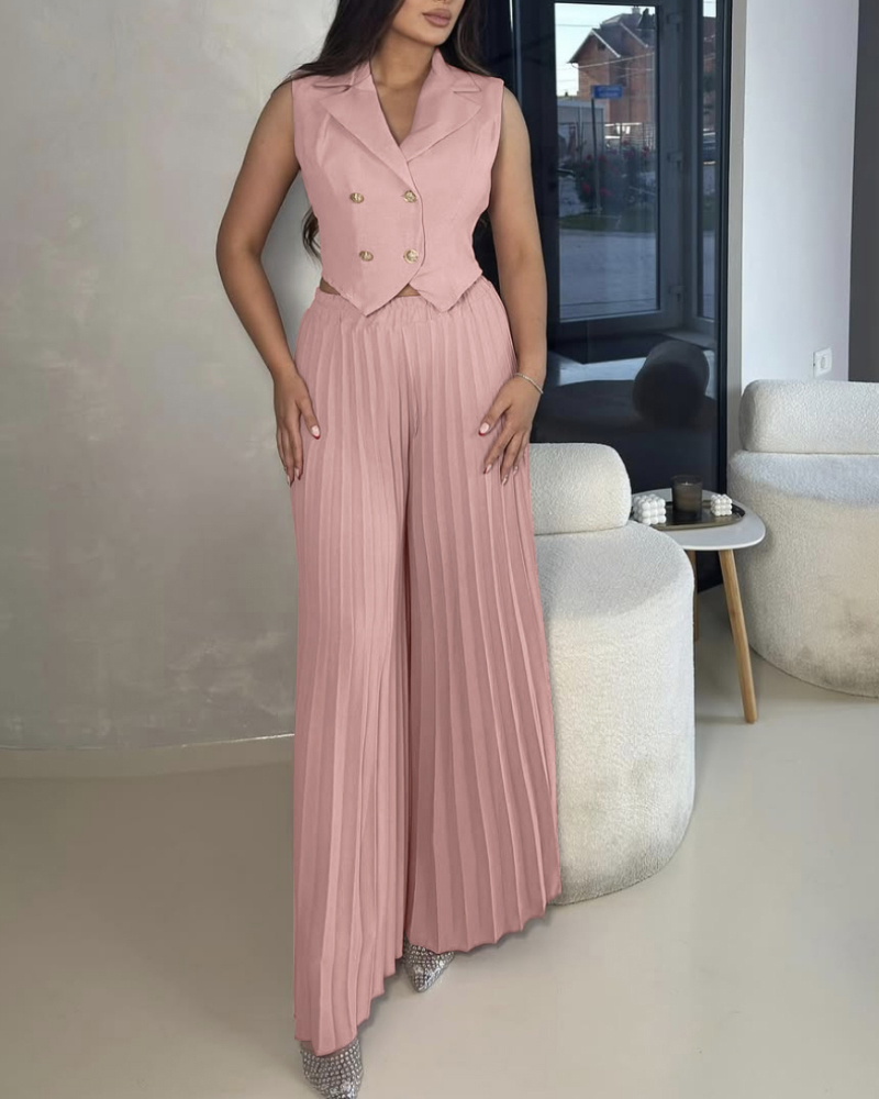 

Ensemble gilet sans manches à col cranté et pantalon large plissé à double boutonnage décontracté, Pink