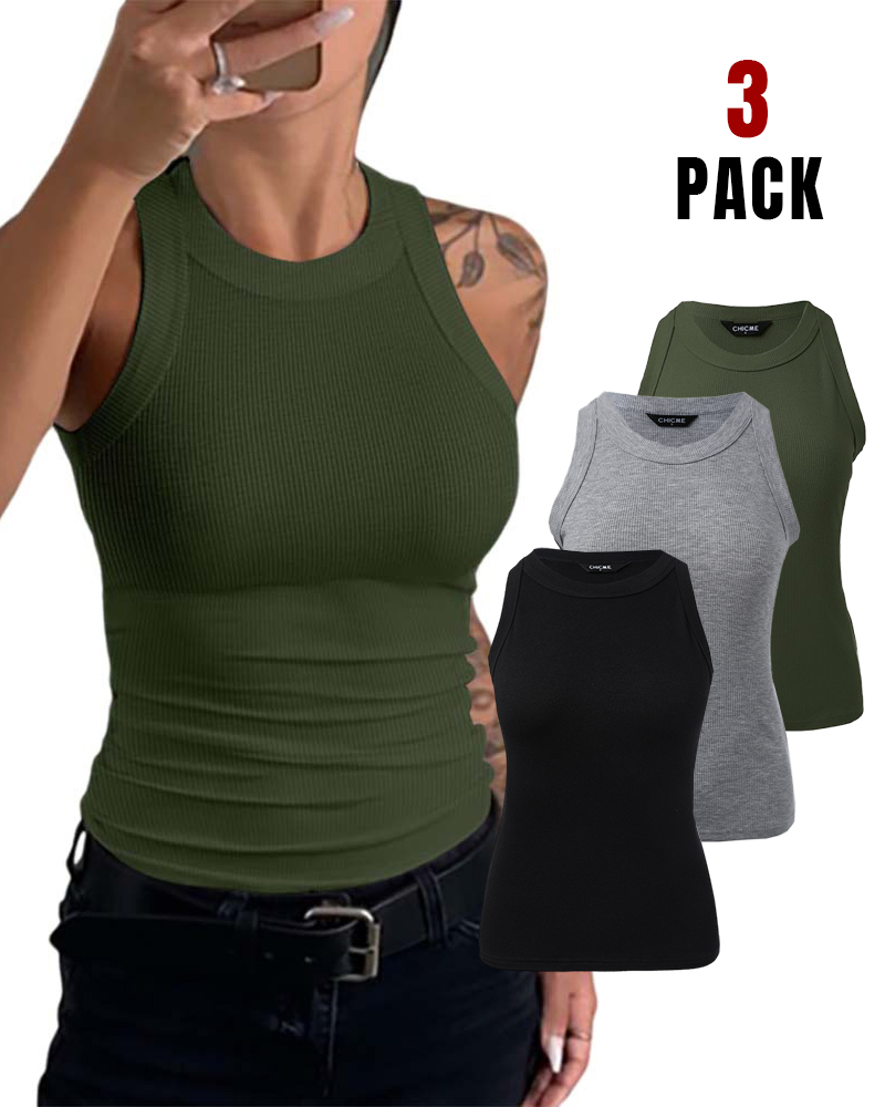 

3-Pack Knit Round Neck Thick Strap Racerback Tank Tops, Style2