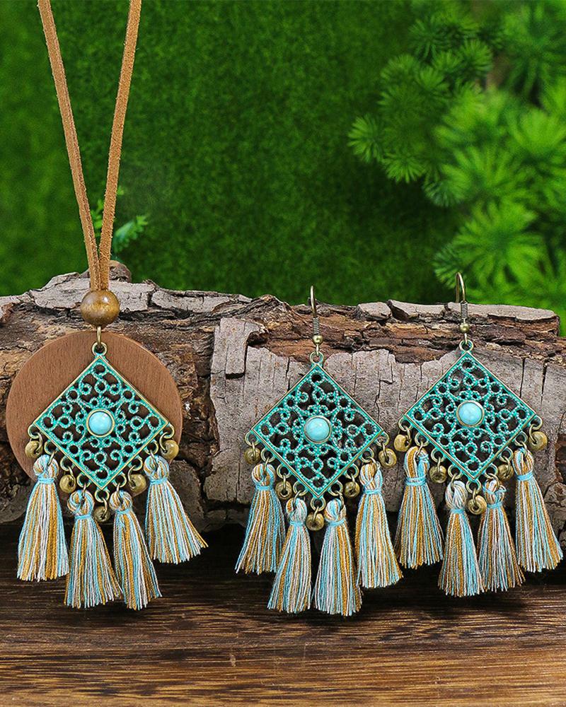 

2pcs Retro Argyle Floral Pattern Tassel Design Necklace & Hook Earrings Jewelry Set, Blue