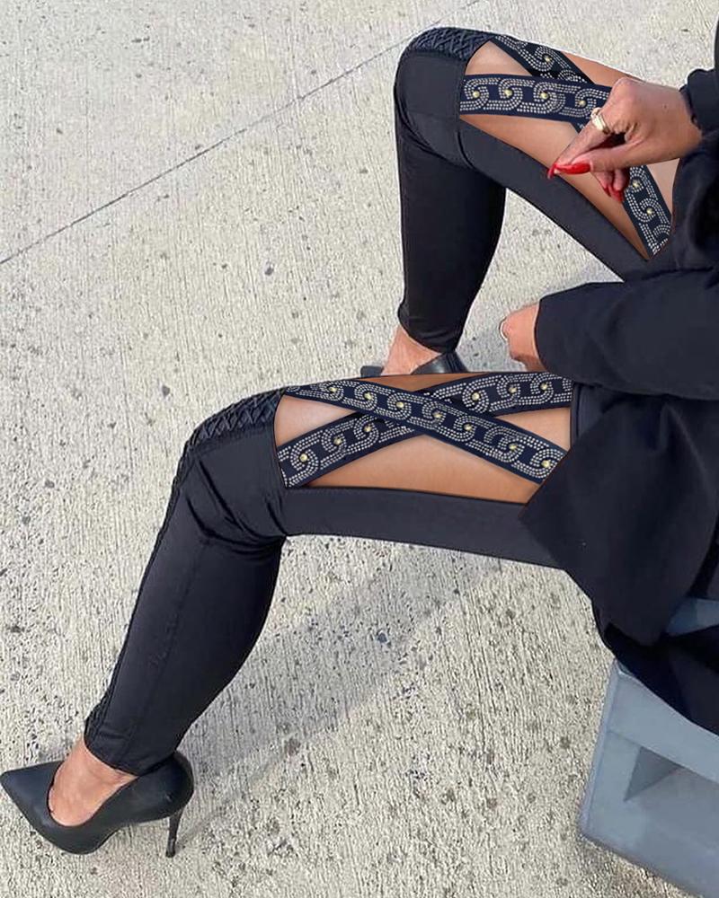 

Rhinestone Decor Criss Cross Cutout Skinny Pants, Black