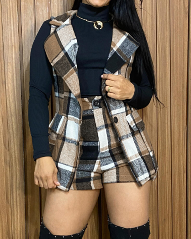 

Plaid Print Turn-down Collar Sleeveless Vest and Casual Plaid Shorts sets, Brown