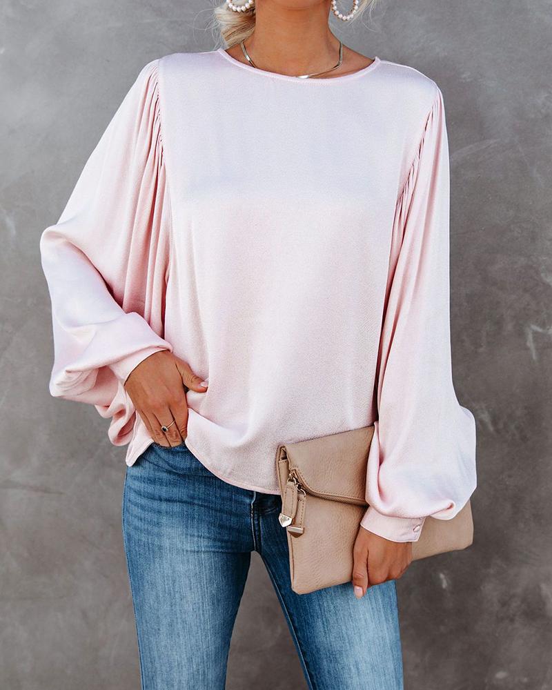 

Button Decor Lantern Sleeve Casual Blouse, Pink