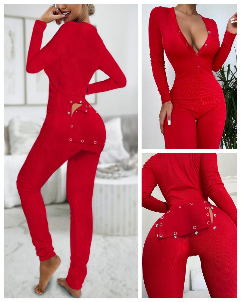 

Plain Functional Buttoned Flap Adults Pajamas, Red