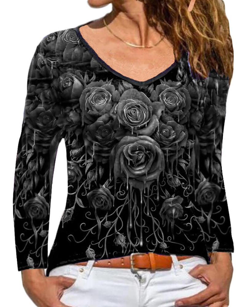 

Floral Print Long Sleeve Casual Top, Black