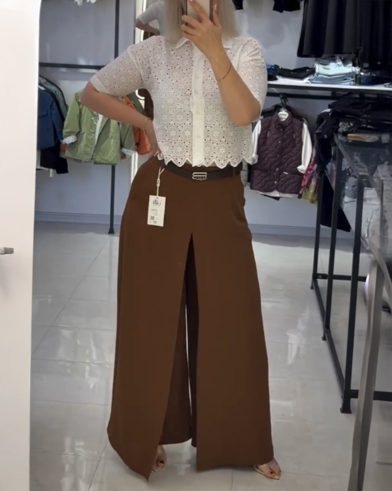 

Calça casual de duas peças com fenda larga e cós elástico nas costas, sem cinto, Brown