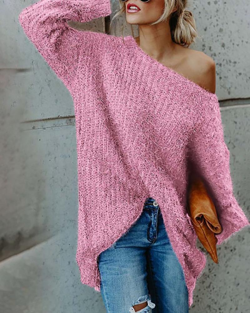 

Solid One Shoulder Casual Sweater, Pink